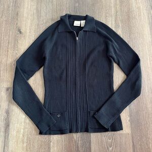 Black Vintage Cotton Zip Up Polo Long Sleeve Sweater
